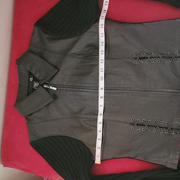 Leather & Wool Blend Knit Bikercore Moto Jacket Black size L - Picture 12 of 14